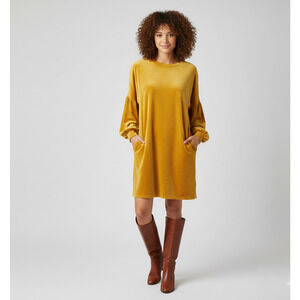Peach Love California Mustard Yellow Gold Dress Long Sleeve Velour Pockets L
